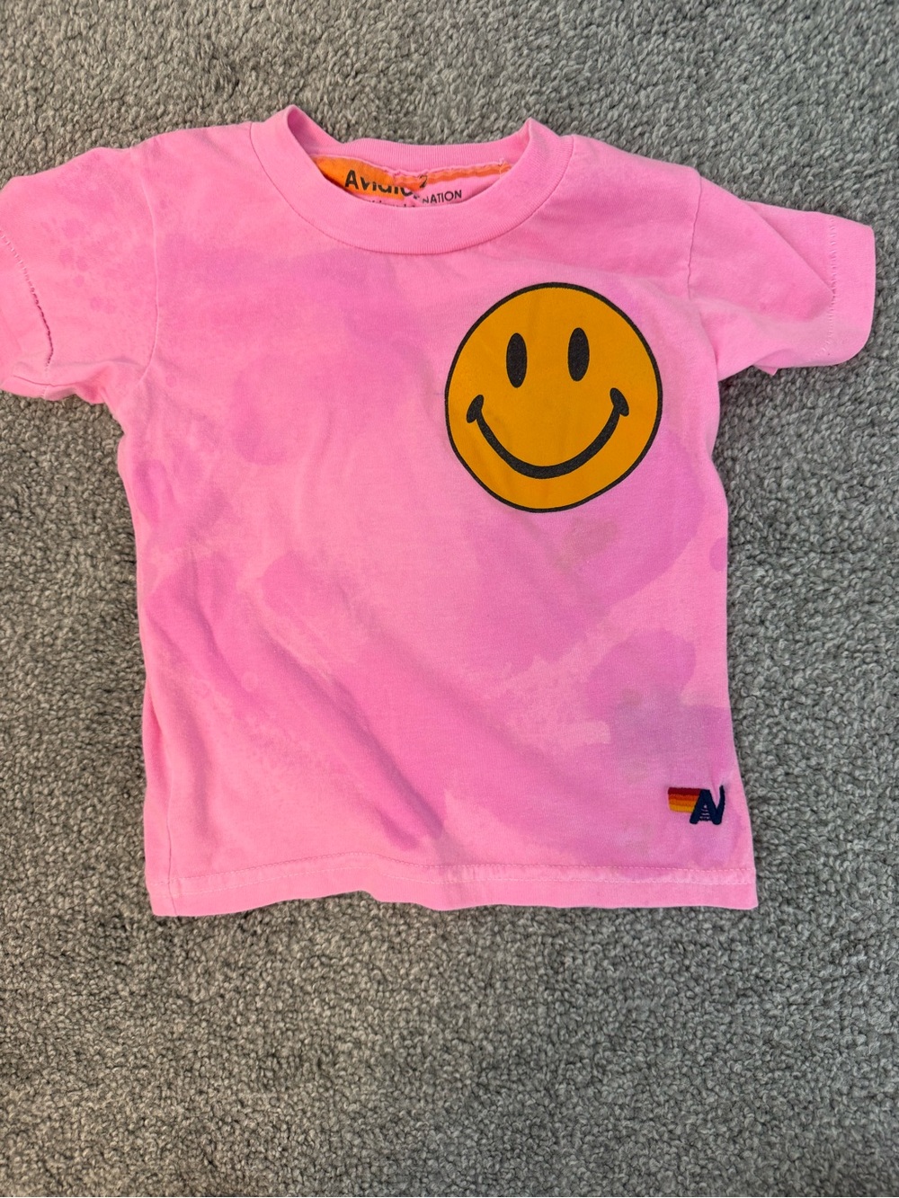 Aviator Nation Kids Pink Smiley Face T-Shirt detergent stained, Size 2, worn 1X